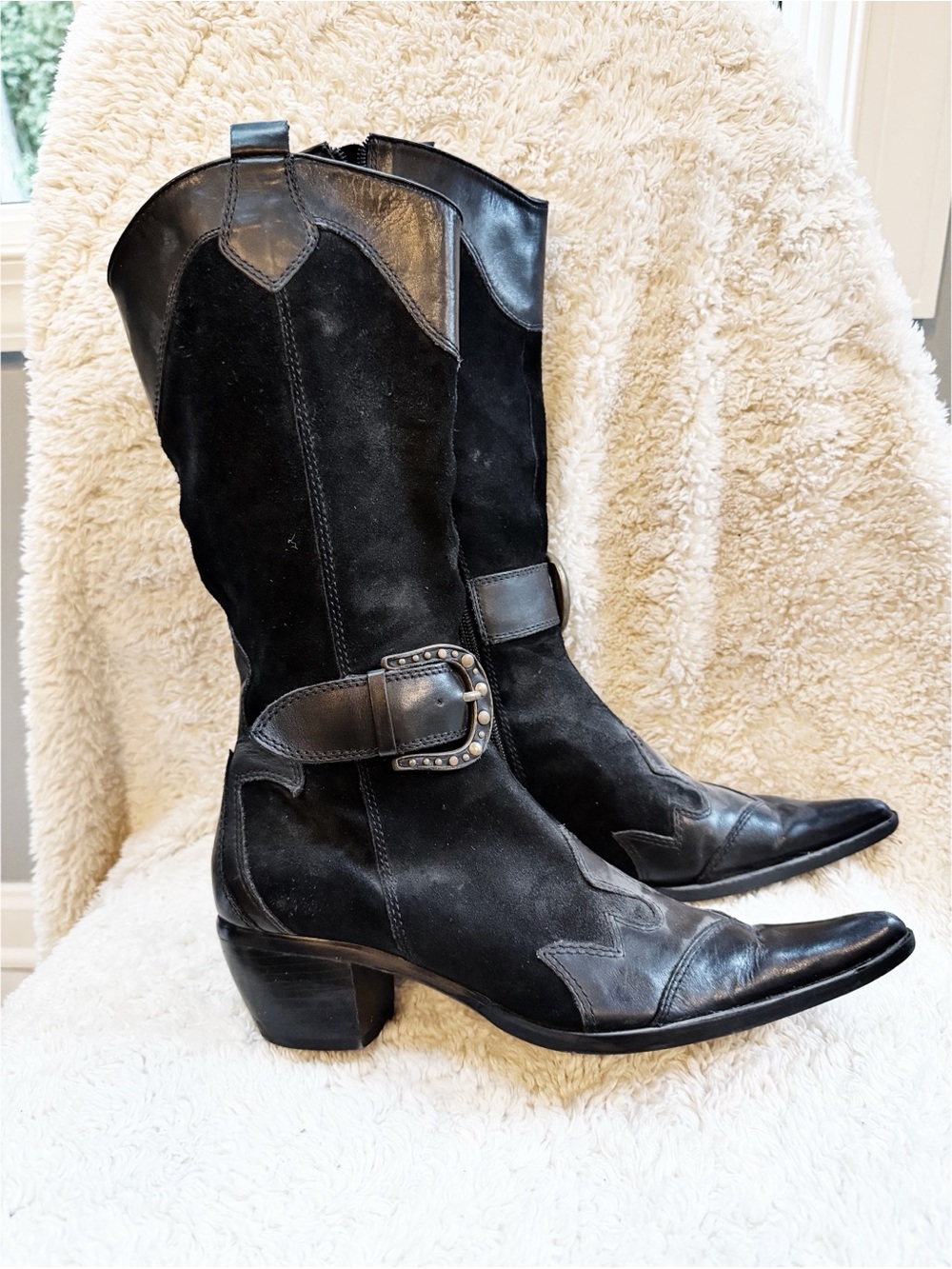 NWOT Black Suede & Leather Western Boots with Buckle
